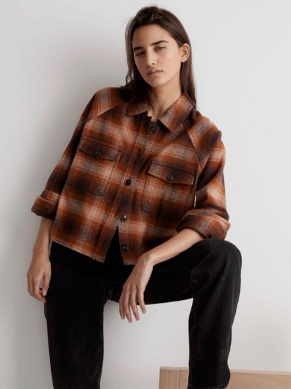 Madewell Orange and Brown Plaid Button-Front Crop Jacket
